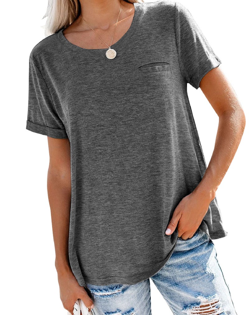 Bingerlily Women's Roll Up Short Sleeve T Shirts Summer Crew Neck Tops Loose Causal Tees with Pocket Charcoal - Image 1
